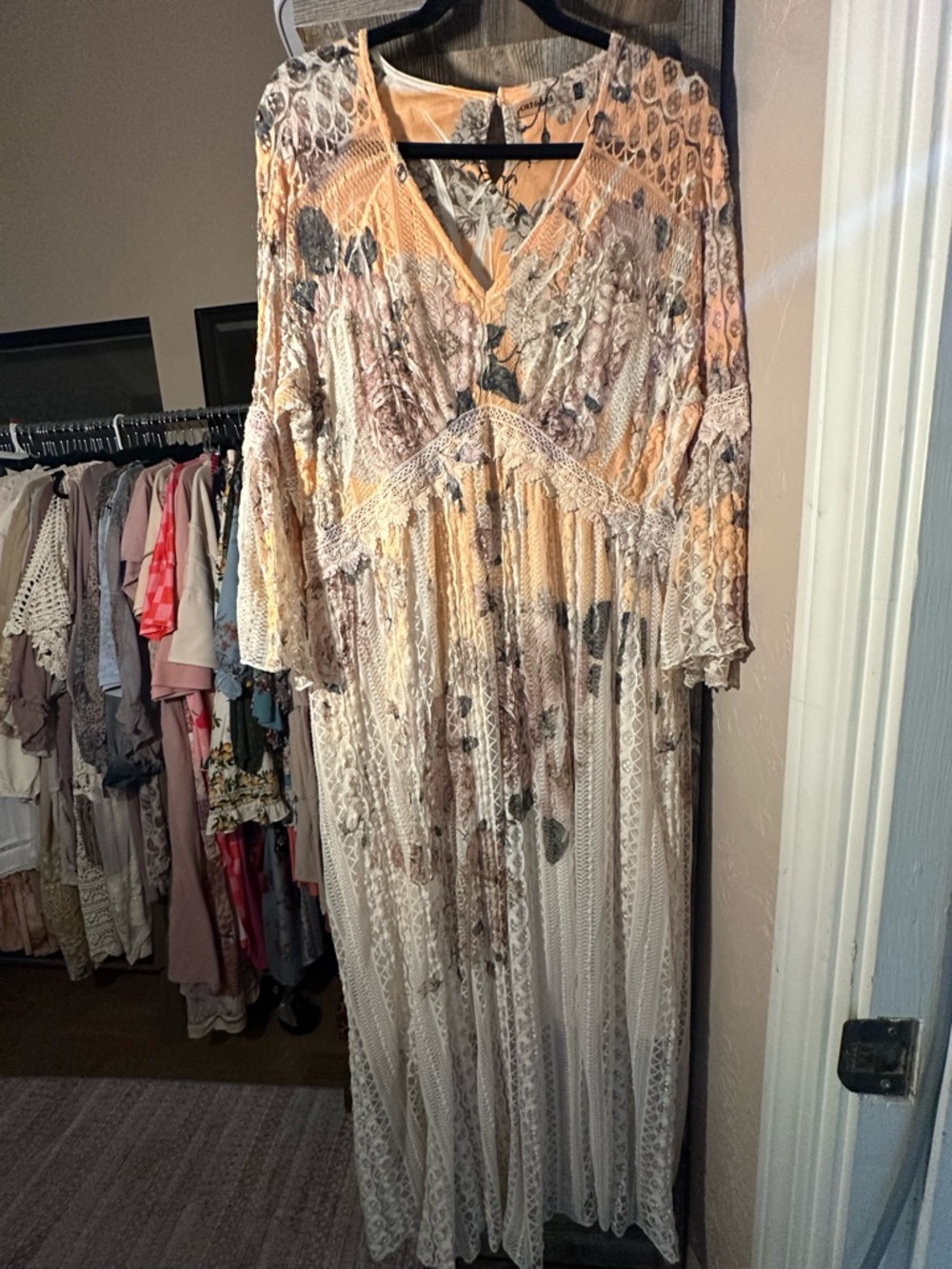 Bohemian Lace Maxi Dress in Peach Floral
